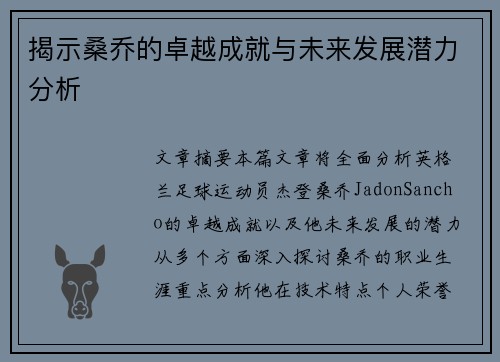 揭示桑乔的卓越成就与未来发展潜力分析