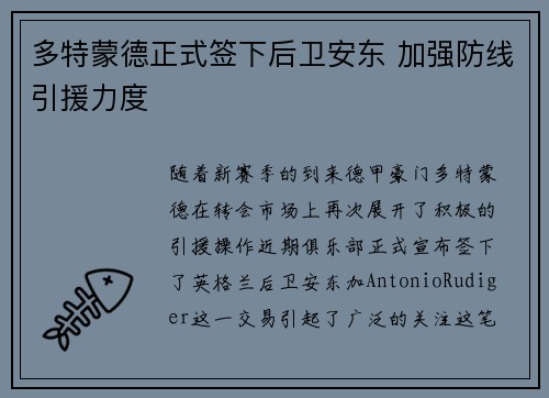 多特蒙德正式签下后卫安东 加强防线引援力度 多特蒙德正式签下后卫安东 加强防线引援力度