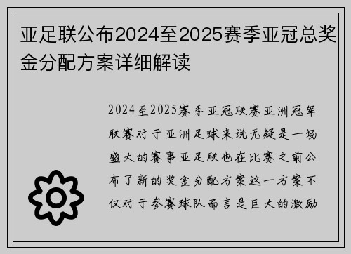 亚足联公布2024至2025赛季亚冠总奖金分配方案详细解读 亚足联公布2024至2025赛季亚冠总奖金分配方案详细解读
