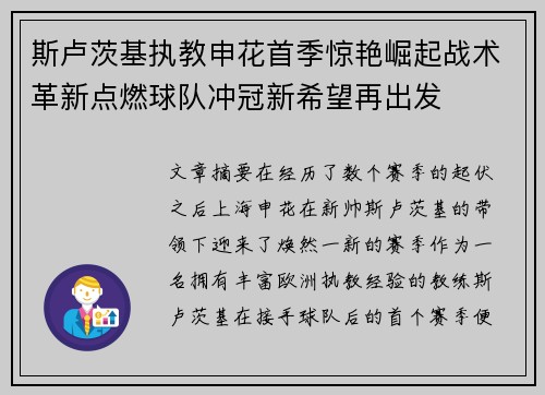 斯卢茨基执教申花首季惊艳崛起战术革新点燃球队冲冠新希望再出发